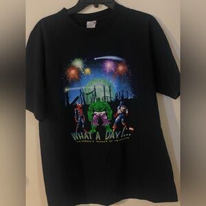 Vintage Marvel Universal Island Of Adventure  Spiderman Hulk What A Day Tee LG